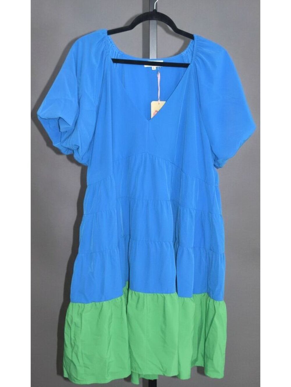 Entro Blue Green Colorblock Tiered Babydoll Dress V-Neck Puff Sleeve Size XL NWT